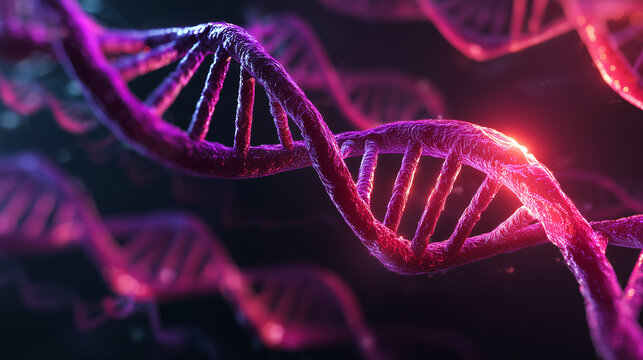 Multiple DNA strands in vivid purple and red colors, representing genetics, science, and biotechnology with a modern and abstract visual style. - Powered by Adobe
