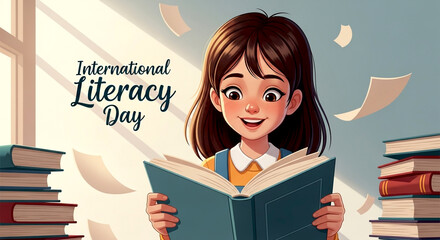 International Literacy Day Illustration - Girl Reading Book with Books in Background