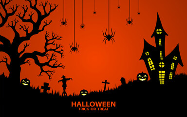 Halloween Trick or Treat Banner with Pumpkins, and spooky Halloween decorations on the background. Perfect for Halloween banner or poster.