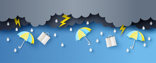 Rainy for sale. Monsoon sale Hanging. Rainy season for sale. paper cut and craft style. vector, illustration.
