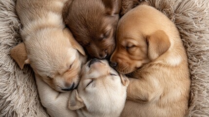 Obraz premium flat lay of puppies sleeping in a circle, color tones: warm beige, soft brown, and light tan