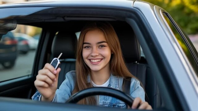 Cheerful female driver beaming with pride, grasping car keys while sitting confidently in vehicle, radiating excitement of personal automotive achievement - Powered by Adobe