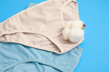 Set of women's comfortable cotton briefs slips with cotton flower top view. Concept: feminine hygiene and health. Gynecology and reproductive functions. panties for teenager