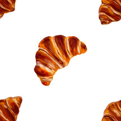 Seamless pattern of Croissant Bread Drawing with Oil Painting, French Bakery Hand Drawn on Transparent Background