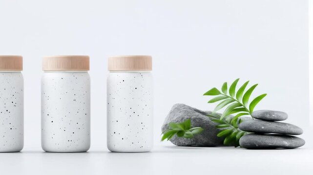 Three white jars with speckled design and wooden lids stand beside grey stones and a green fern frond on a white background.