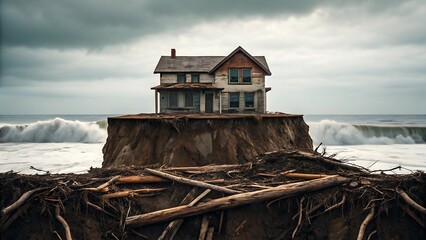 Weathered house perched on eroding cliff erosion ocean