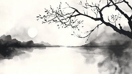 A Japanese ink wash with minimalist watercolor aesthetics.