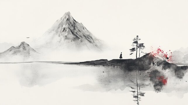 A Japanese ink wash with minimalist watercolor aesthetics.