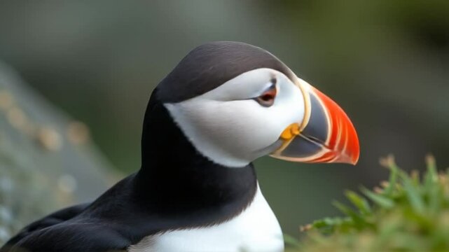 Captivating close up portrait of an atlantic puffin seabird turning its head