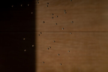 Abstract backgrond dropped water stop motion and dripping to the ground from Shower on blur orange...
