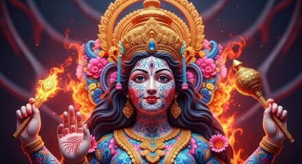 Obraz premium Goddess Kali in a Fiery Aura Holding a Flame and Mace