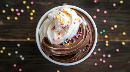 Fototapeta premium A top-down view of vanilla and chocolate soft-serve ice cream with sprinkles.