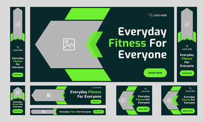 Trendy body fitness services web bundle banner design for social media post, daily exercise methods web set banner design, fully customizable vector eps 10 file format