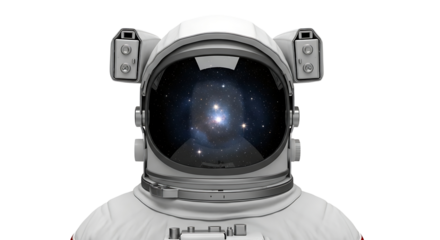 Astronaut helmet reflecting the galaxy on the visor against a white background