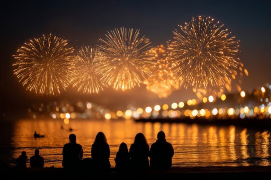 Silhouetted figures enjoying a fireworks display on the beach.
