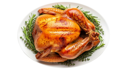 Delicious roasted turkey on a white plate garnished with fresh herbs perfect for Thanksgiving