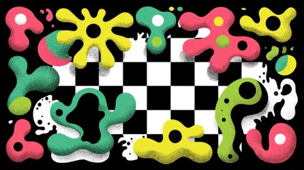 Vibrant abstract digital artwork with black and white checkered background, bold colorful organic shapes, fluid amoeba-like forms, grainy textures, and striking visual contrast.