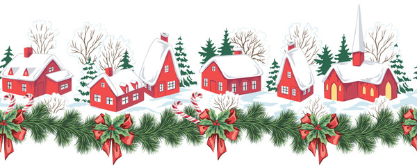 Christmas landscape, fir tree, church, house, snow, fir garland, candy cane, mistletoe seamless border. Winter village holiday mural. © good_mood