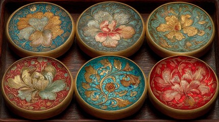Six ornate circular boxes with intricate floral motifs arranged in a wooden tray, featuring blue, teal, greenish-teal, red, and turquoise hues, golden edges, and detailed golden, pink