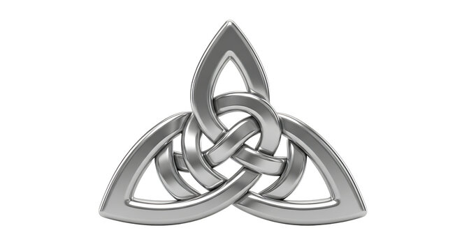 Elegant 3D rendering of a metallic celtic knot on white background creating minimalist design