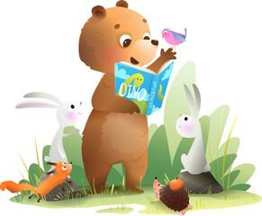 Cartoon baby bear reading a fairy tale book to animals in forest. Cute forest animals listening to bear reading story book, cartoon for kids. Vector storytelling illustration for children education. © Popmarleo