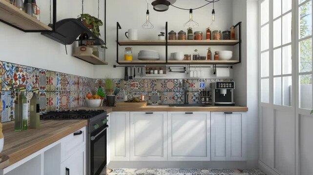 Colorful patterned tile kitchen interior