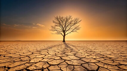 Lone tree on cracked earth at sunset desert