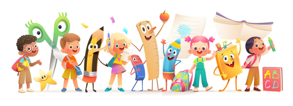 Back to school elementary or kindergarten kids characters group with funny animated cartoon school supplies like pencil pen ruler and eraser. Vibrant vector illustration for children school education
