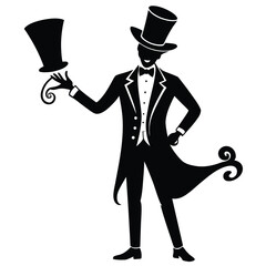 Stylized Silhouette of a Magician in a Tuxedo Tipping His Hat with a Swirling Design Accentuating his Formal Attire