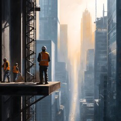 Construction worker in safety gear overlooking city from high-rise platform with his team, emphasizing the height and urban landscape in the morning mist.