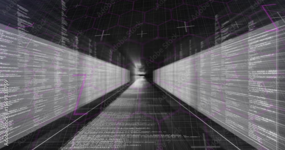 Poster camera zooming through code walls and grid while user clicking leading toward exit for data journey
