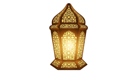 Ramadan lantern with intricate geometric design, radiating golden light on white