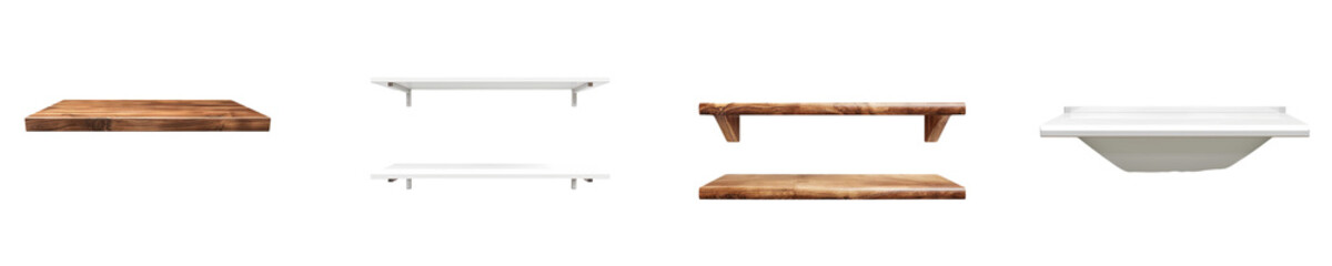 Variety of floating shelves wooden tables over a transparent background Generative AI
