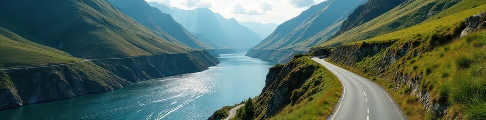 Obraz premium Winding road hugs riverbank, hills rising steeply , topography, trip, rural