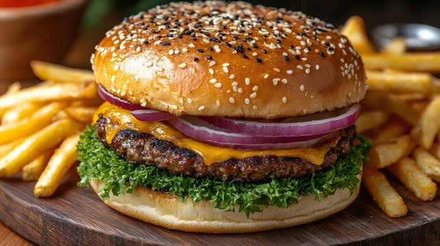 A mouthwatering cheeseburger featuring a sesame seed bun, grilled beef patty, cheddar cheese, fresh lettuce, and red onion rings