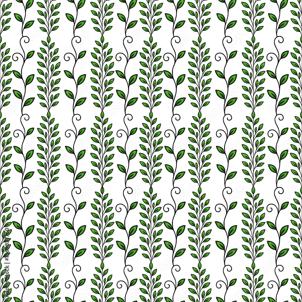 Poster seamless vector pattern of stylized green leaves arranged in vertical lines on a white background, c