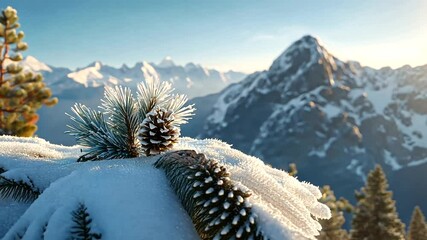 Snow-covered pine cone resting on frosty ground with majestic mountains in the background - Powered by Adobe