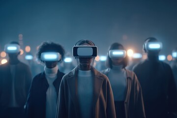 A diverse group of people wearing virtual reality glasses, immersed in a virtual gaming scene.