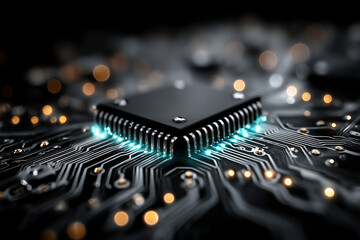 Close-up of a glowing microchip on a dark electronic circuit board, showing intricate lines, lights, and modern technology detail.
