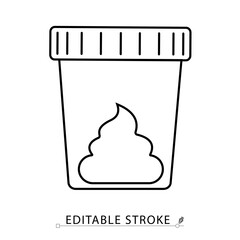 A stool test container icon in minimalist style with editable stroke. Medical sample jar, lab specimen, fecal analysis, diagnostic tool, health check, clinical testing, outline vector illustration.