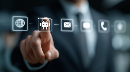 Person touching digital robot icon with communication symbols finger interface