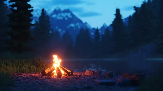 Campfire by a lake at dusk