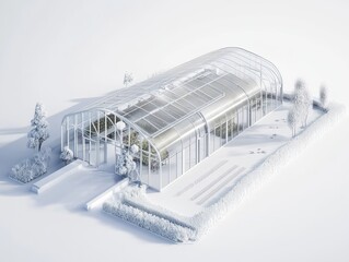 Technical schematic of a geothermal greenhouse in a cold climate showing ground heat exchangers, snow-shedding roof, natural ventilation paths, and plant layering in the context of climate control