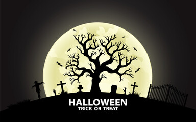 Flat design hand drawn spooky halloween graveyard and pumpkin silhouette background. Vector illustration.