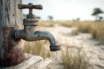 A rusty tap drips fresh water in a dry spot with golden grasses and sparse trees under blue skies