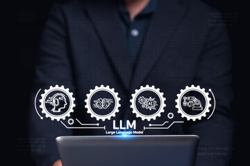 A person interacts with a digital interface illustrating concepts of Large Language Models through...
