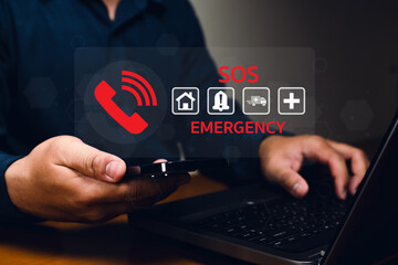 A person holds a smartphone with an emergency SOS interface projected, indicating urgent help...