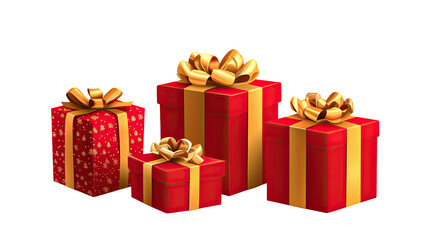 Four red gift boxes with gold ribbon bows