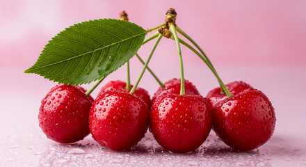 Close-up of several red cherries with water droplets, accompanied by a green leaf on a pink backgroundShowcase of fresh, juicy fruit, symbolizing freshness and natural sweetness