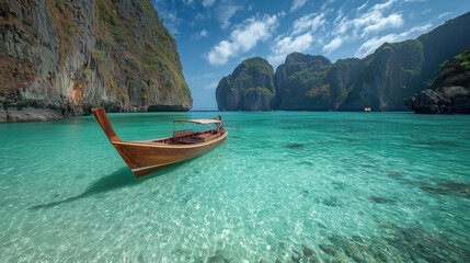 Traditional Thai longtail boat sailing on crystal-clear turquoise water near rocky islands in Thailand